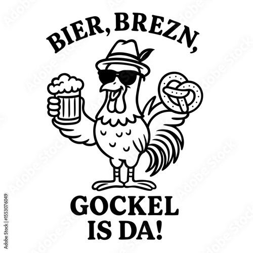 Gockel mit Bier und Brezel - Lustige bayerische Vektor Grafik. Perfekt für Humor-Motive rund um Volksfeste, Tiermotive und Partydeko. Feste im Oktober.