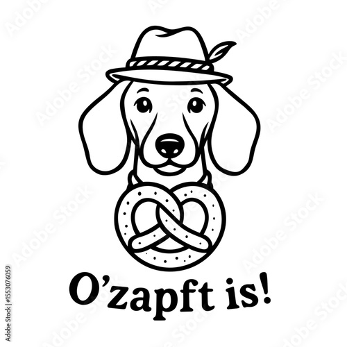 Dackel mit Trachtenhut und Brezel - Bayerischer Humor als Vektor. Ideal für Fans von Hunden, Trachtenfesten, Volkskunst und bayerischer Lebensfreude. Perfekt für Deko.