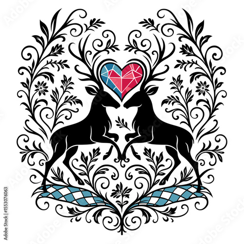 Zwei Hirsche mit Herz und Ornamenten. Alpenstil Vektor. Ideal für bayerische Designs, Volkskunst, Alpenstil, Trachtenmotive, Hochzeitsdeko, Stickmuster oder moderne Brauchtumsgrafik.