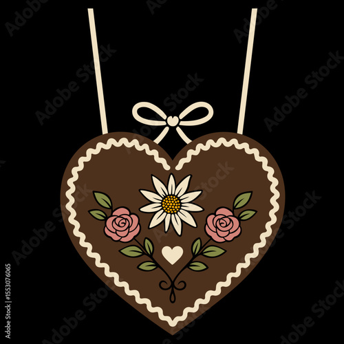 Lebkuchenherz mit Edelweiß und Rosen. Vektor im Trachtenstil. Perfekt für Volkskunst, Trachtenmode, Feste, Dekoideen, Feste im Oktober, für Print und kreative DIY-Projekte.