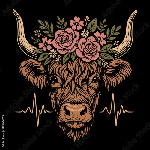 Highland-Kuh mit Blumenkranz und Herzlinie, Puls, Herzfrequenz, EKG.  Ideal für Tierliebhaber, Landliebe, Bauernhof-Deko, moderne Folklore und DIY-Projekte mit Naturbezug.