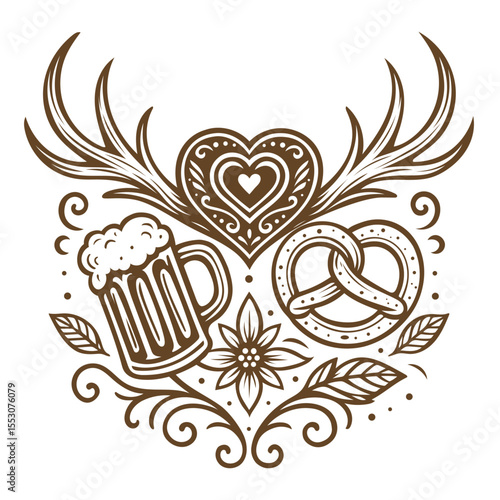 Bayerische Symbole mit Hirschgeweih, Herz, Brezel, Bier & Edelweiß als Vektor. Mit Hirschgeweih, Lebkuchenherz, Bierkrug, Brezel, Edelweiß und floralen Ornamenten. Ideal für bayerische Feste.