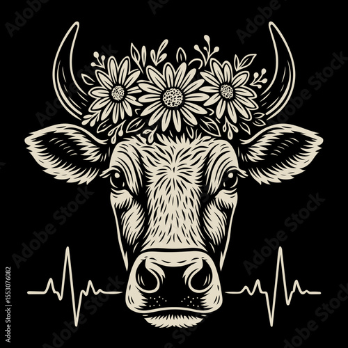 Kuh mit Blumenkranz und Herzlinie - Vektor im Landhausstil mit Herzfrequenz. Ideal für Bauernhof-Themen, Tierliebe, florale Tattoo-Vorlagen, rustikale Deko oder ländliche Printdesigns.