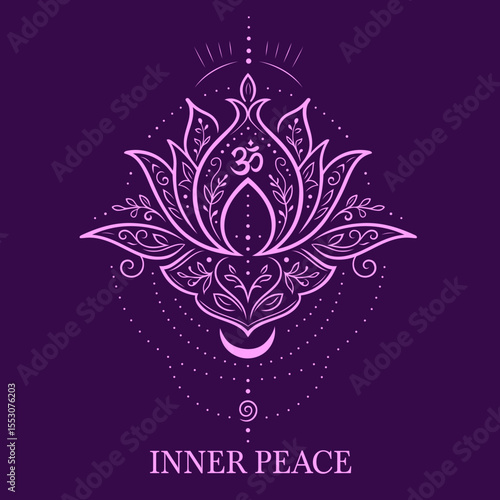 Spirituelle Lotusblume mit Om-Symbol, Halbmond und ornamentalen Details auf violettem Hintergrund. Ideal für Yoga, Meditation, Achtsamkeit und moderne Spiritualität.