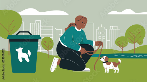Pet Owner Walking with Dog in Park and Gathering Excrement in Special Bag. Woman Cleaning Up after Dog and Picking Up Waste in Public Waste Station. Flat Cartoon Vector Illustration. 