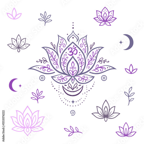 Lotus Vektor Set in zarten Lila- und Violetttönen - ideal für spirituelle Illustrationen, Yoga-Designs, Boho-Projekte, Tattoos, Einladungen, Sticker und Printables. Als AI, EPS und PNG nutzbar.