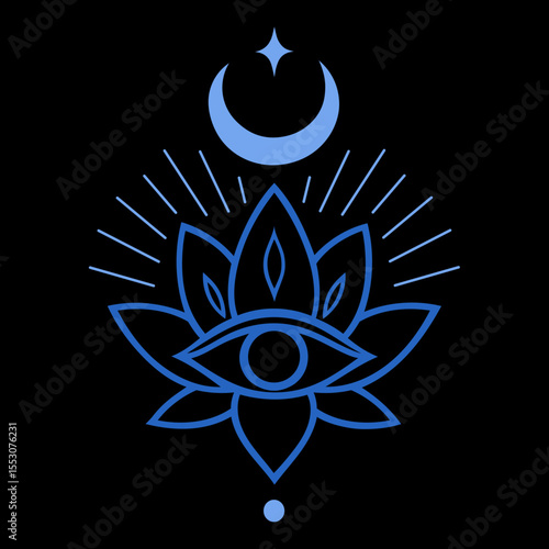 Lotus mit drittem Auge und Mondsichel - Spirituelle Line Art in Blau. Ideal für Esoterik, Intuition, Meditation, Tattoo, Yoga, Symbolkraft, Energiearbeit, Achtsamkeit und mystische Kunst.