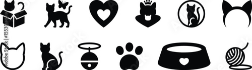 Cat icon silhouette vector set, collection of cat and pet icon in black isolated style for design and decoration