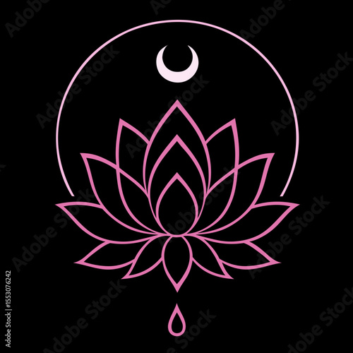 Lotus mit Mondsichel - Rosa spirituelle Line Art auf Schwarz. Ideal für Yoga, Achtsamkeit, Tattoo-Vorlagen, Meditation, Balance, Esoterik, Symbolik, Energiearbeit und moderne spirituelle Designs.
