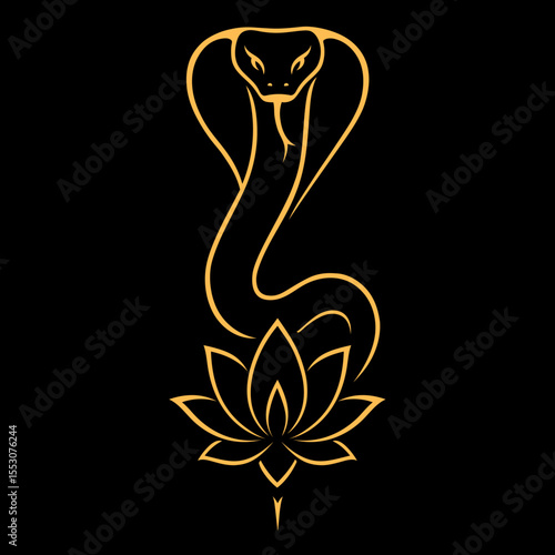 Goldene Kobra auf Lotus - Spirituelle Line Art Illustration mit Schlangensymbol auf schwarzem Hintergrund. Perfekt für Yoga, Tattoo, Transformation, Kundalini, Krafttier, Esoterik, spirituelle Kunst.