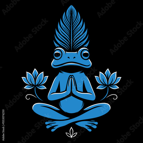 Meditierender Frosch mit Feder und Lotus - Humorvolle Yoga-Vektorillustration in Blau auf Schwarz. Ideal für Spiritualität, Achtsamkeit, Tierdesign, Meditation, Zen, Balance, Printables, Sticker.