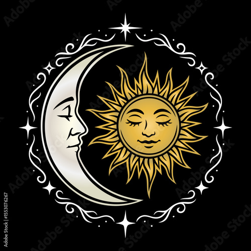Sonne und Mond im Gleichgewicht - Mystische Vektorillustration mit Gesichtern, Ornamenten und Sternen auf schwarzem Hintergrund. Ideal für spirituelle Kunst, Esoterik, Tattoo, Astrologie, Balance, Mag