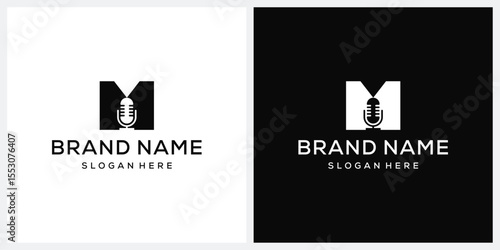 initial letter M microphone logo design, podcast graphic icon concept