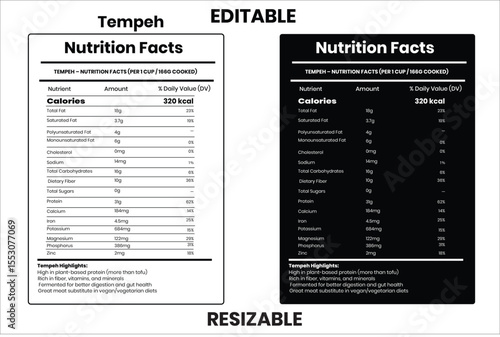 Tempeh nutrition facts, nutrition facts, food label, calorie chart, protein infographic, healthy eating, vitamin chart, editable template, diet plan, meal prep nutrition, food packaging label