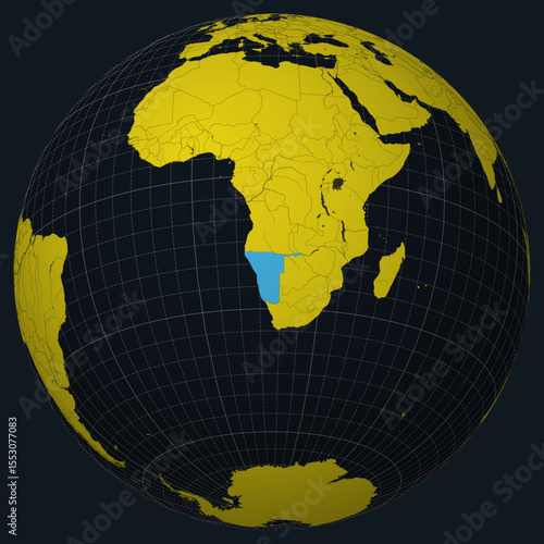 Republic of Namibia on a globe. Country view on the world map in a Charcoal Bright Yellow color palette. Namibia's shape on the map. Globe with meridians, parallels, countries, rivers, and lakes.