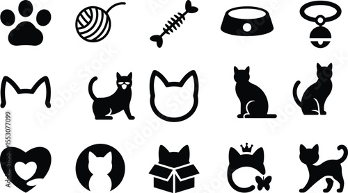Cat icon silhouette vector set, collection of cat and pet accessory icon in black isolated style for design and decoration