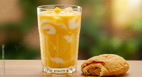 Refreshing Mango Smoothie with a Bite of Sweet Pastry on a Sunny Day