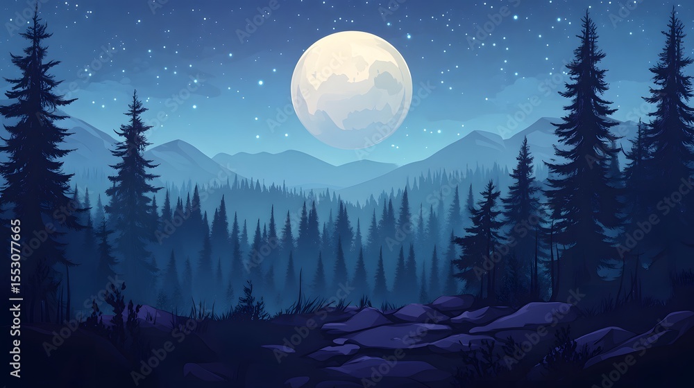 Naklejka premium Enchanted Full Moon Illuminating Mysterious Spruce Trees at Night