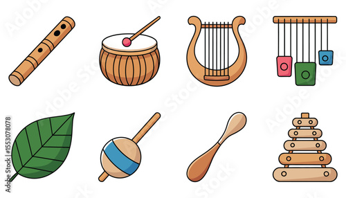 Isolated vector icon set of different types of wooden kitchen tools, utensils, and chopsticks on a white background