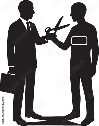 Businessman cutting off his own shadow with golden scissors