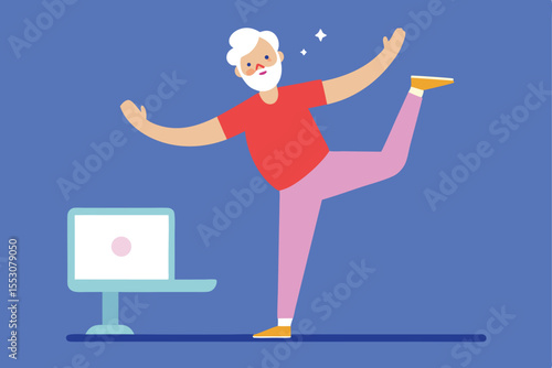 Senior man doing online yoga fitness exercise workout