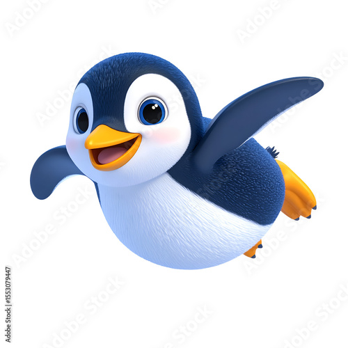 Flying Penguin Cartoon: A cheerful cartoon penguin takes flight, wings outstretched, expressing boundless joy and playful energy.