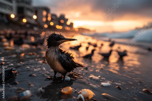Oil-Slicked Seabird on Polluted Urban Shoreline at Sunset. Marine pollution