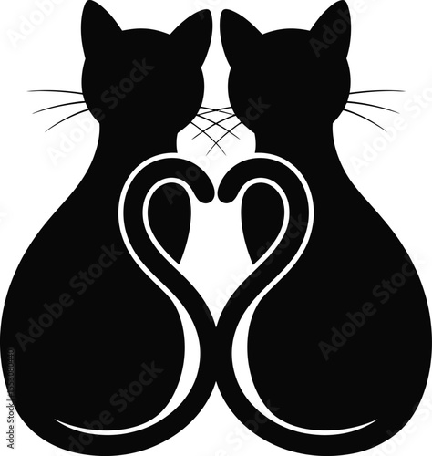 Cat couple silhouette vector, two cats with heart tail icon in black isolated style for design and decoration