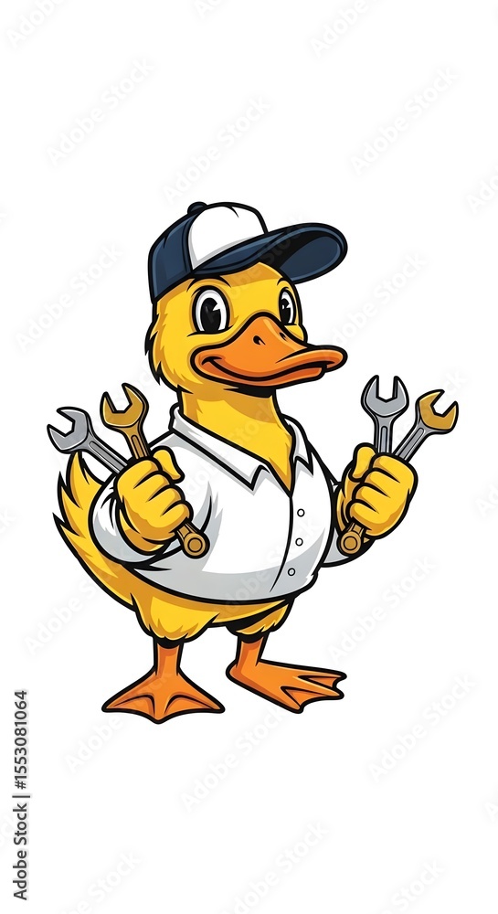 Obraz premium retro vintage cartoon cool yellow mechanic handyman duck mascot holding a wrench, wearing uniform and baseball cap, friendly smiling face, isolated white background, worker, cheerful, animal, cute 
