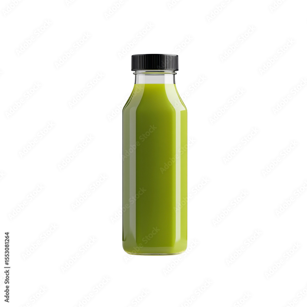 Fresh Green Juice in Glass Bottle with Black Cap Fresh Green Juice in Glass Bottle with Black Cap