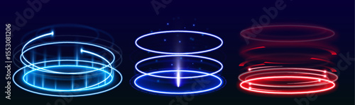  A realistic light effect podium with a holographic glow is centered on a black backdrop. Designed for product display or sci-fi teleportation themes. Clean and minimal futuristic style.