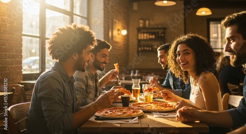young people friends couple eating pizza in restaurant	