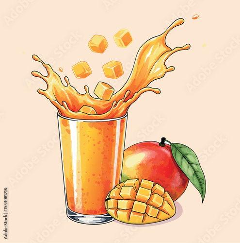 Refreshing Mango Juice Splash with Fruit Cubes Whole Mango and Half Sliced Vector Illustration