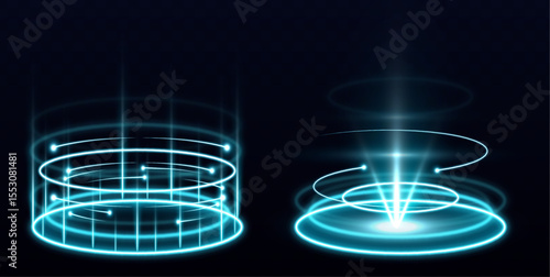  A realistic light effect podium with a holographic glow is centered on a black backdrop. Designed for product display or sci-fi teleportation themes. Clean and minimal futuristic style.