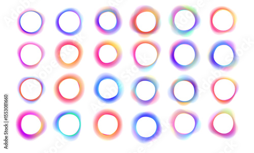 Set of neon glowing rings with gradient overflow on white background PNG. Colorful bright neon template. Iridescent chrome drops or hologram irregular freeform organic shapes.	