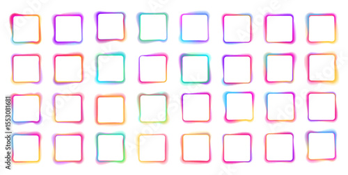 Illustration of neon electric style square frame. Neon glowing square frames, futuristic gradient colorful borders, modern vector decoration. Isolated on transparent background. PNG.