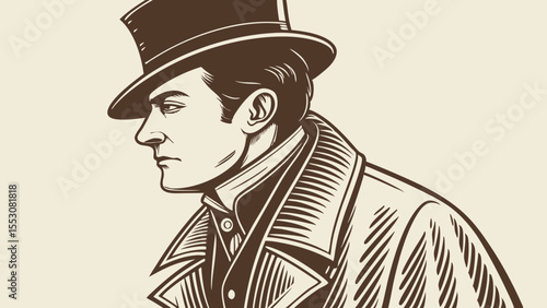 Vintage handsome businessman in a black suit and bowler hat looking elegant and stylish