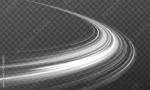 White blur light lines in wave and speed motion, glowing trace of dynamic energy and flowing curves.	