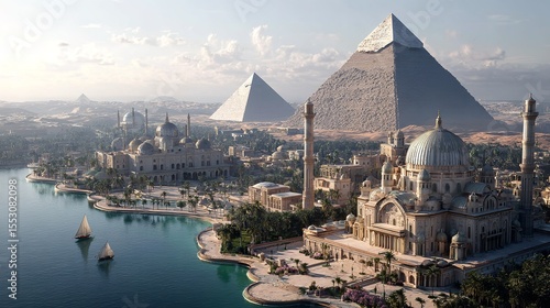 Egyptian Pyramids Cairo Skyline Cityscape and Nile View Desert Wonders Sailboats on Turquoise Water