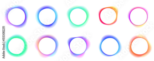 Set of blue, pink purple, green glowing round wavy speed and motion lines. Abstract cosmic bright colorful circle border frame PNG on white background.	