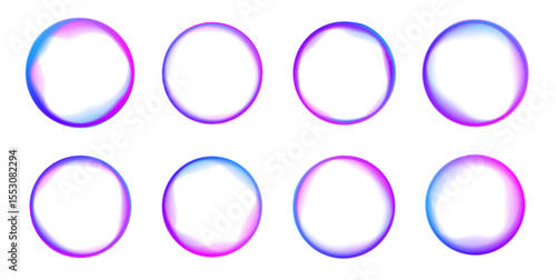 Set of blue, pink purple, green glowing round wavy speed and motion lines. Abstract cosmic bright colorful circle border frame PNG on white background.	