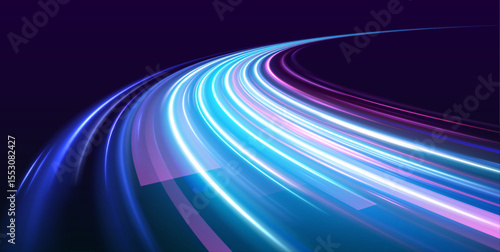 Vector dark blue abstract background with ultraviolet neon glow, blurry light lines, waves. High speed effect motion blur night lights blue and red. Magic shining neon light line trails.	