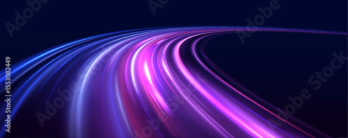 High speed effect motion blur night lights blue and red. Futuristic neon light line trails. Modern abstract high-speed light motion effect on black background.	