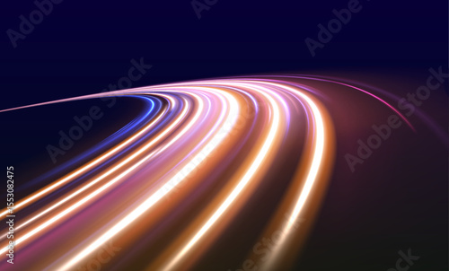 High-speed light line in the form of a road and a highway in a night city. Abstract technology futuristic neon circle glowing. Vector illustration.	