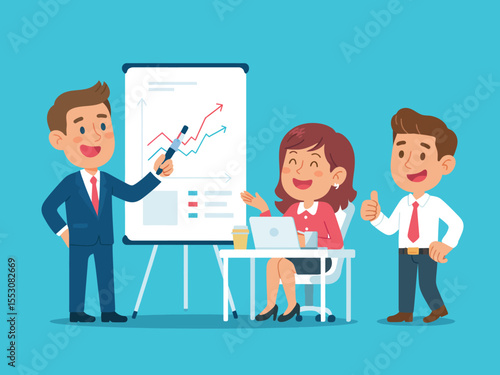 Flat Design Business Meeting Illustration – Team Presentation with Graphs and Laptop on Turquoise Background