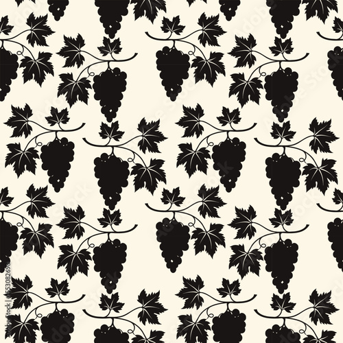 Dark Grape vine pattern, vine silhouette on creme background. 
