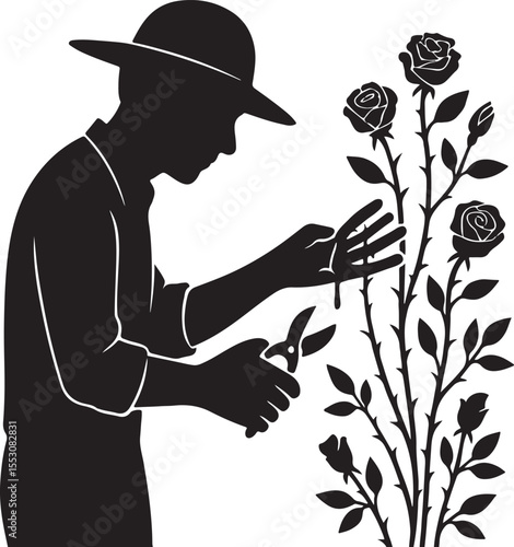 Gardener pruning rose bushes, thorns growing through their palms