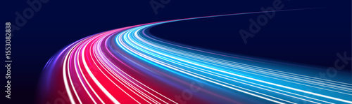 Vector dark blue abstract background with ultraviolet neon glow, blurry light lines, waves. High speed effect motion blur night lights blue and red. Magic shining neon light line trails.	
