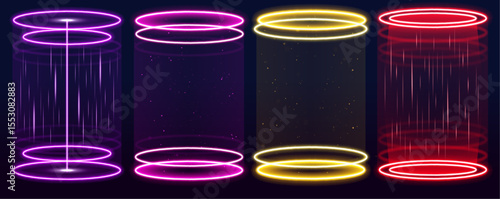 Futuristic holographic portal with glowing rainbow lights and shimmering particles on a night background. Perfect for fantasy scenes and teleport animations. Dynamic energy in motion.