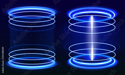 A glowing vertical portal with bright blue energy beams and neon rings creates a sci-fi teleportation effect. Ideal for gaming or futuristic UI. Realistic digital aura on black background. 